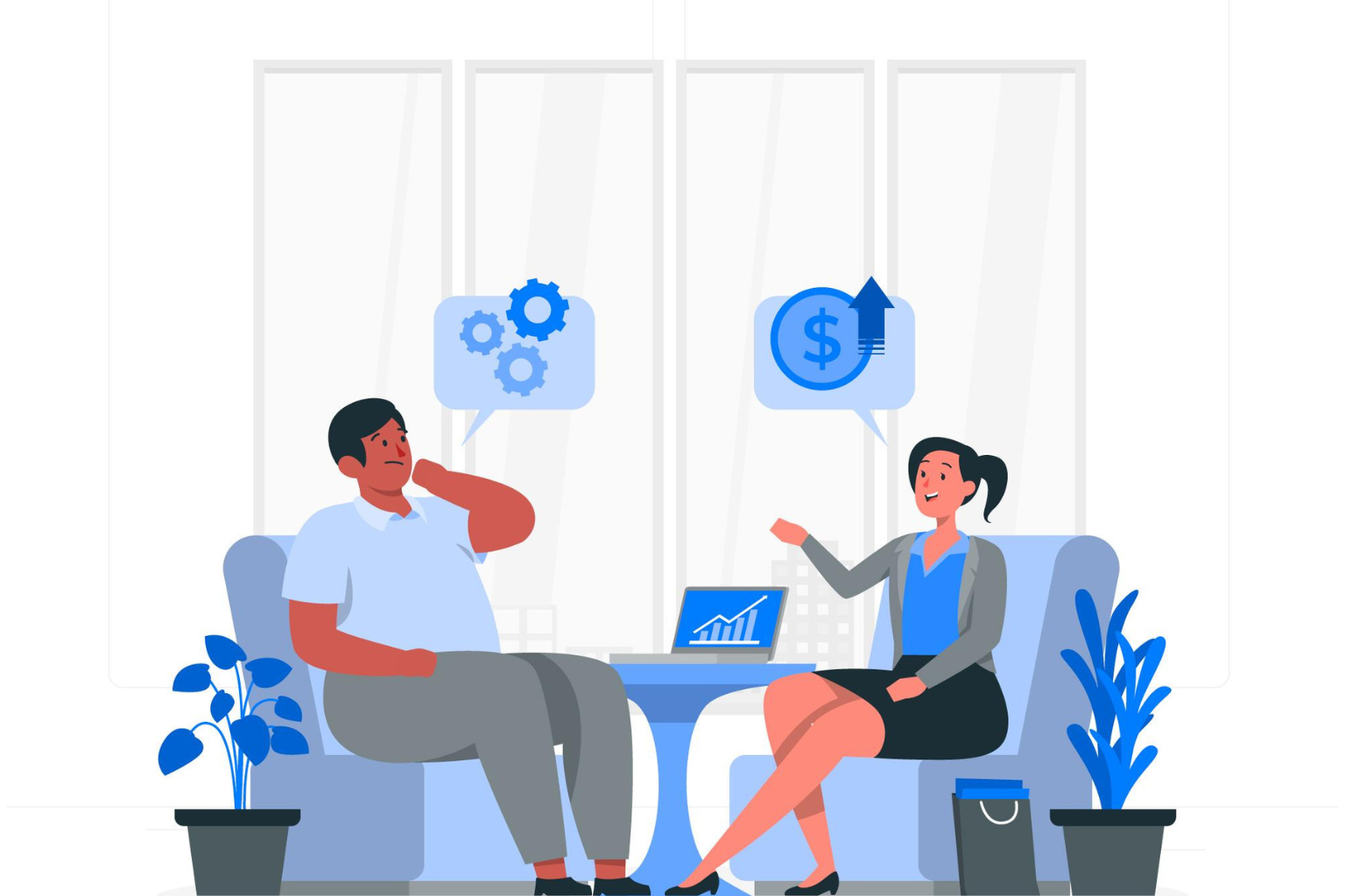 A man and a woman sitting on a sofa discussing sales,  Consultative sales concept illustration