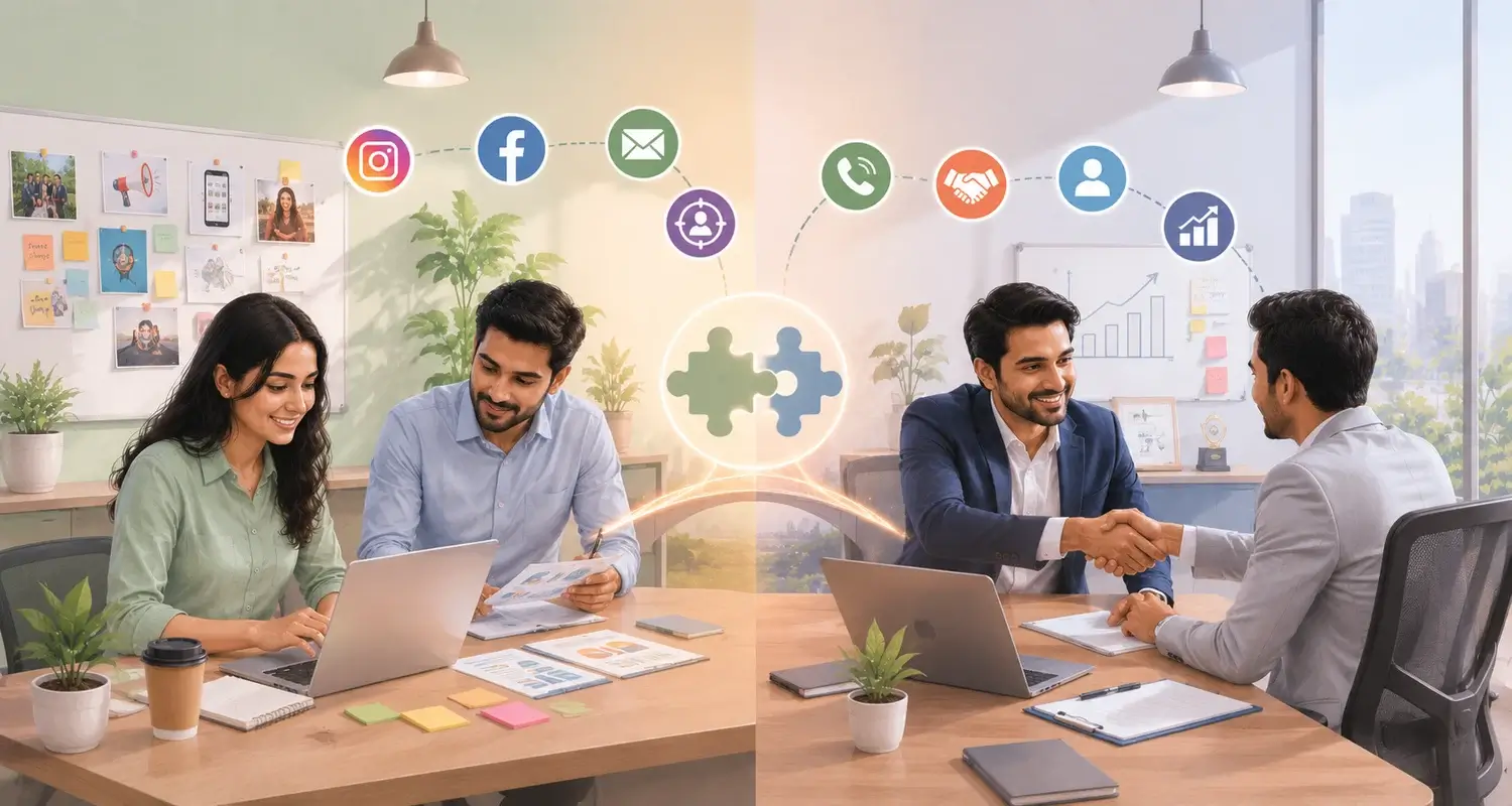 Difference Between Sales and Marketing illustrated with a business team analyzing customer acquisition, branding, and revenue growth.