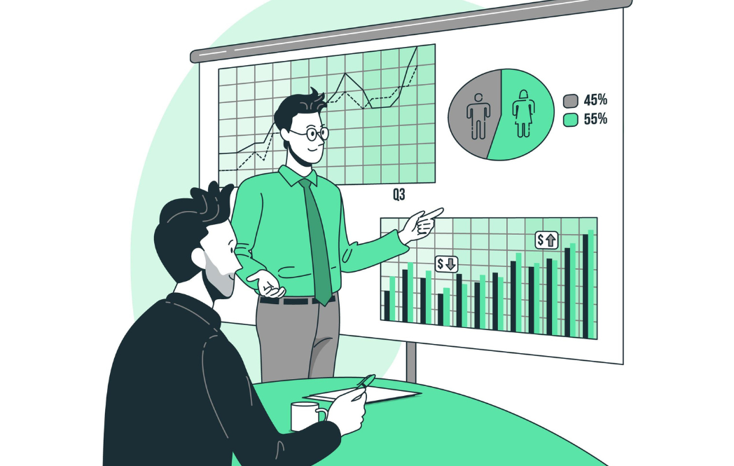 Two man discussing about analytical data of sales KPIs