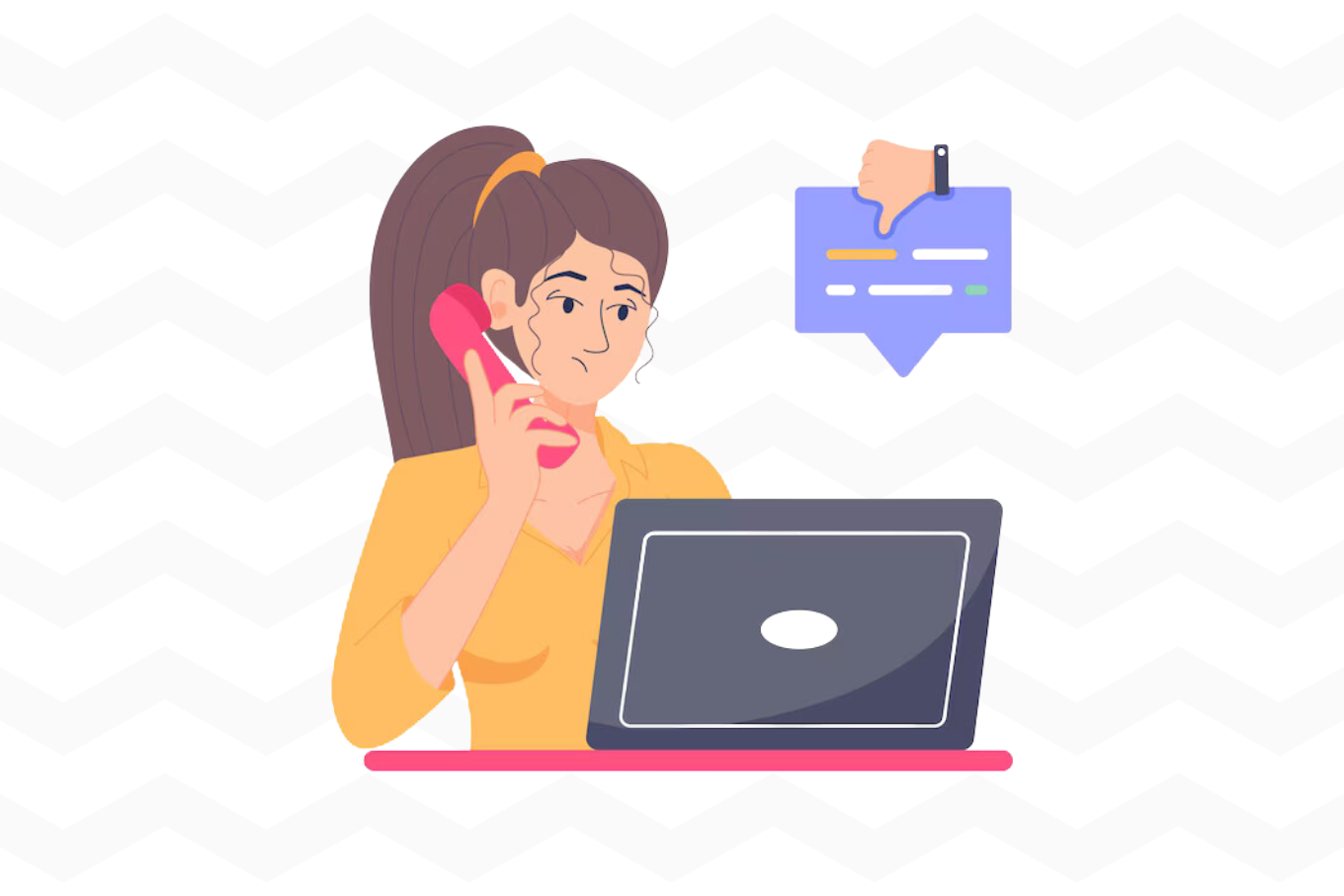 a vector of a girl talking on the phone unhappily and looking at laptop screen along with thumb down and messege vector