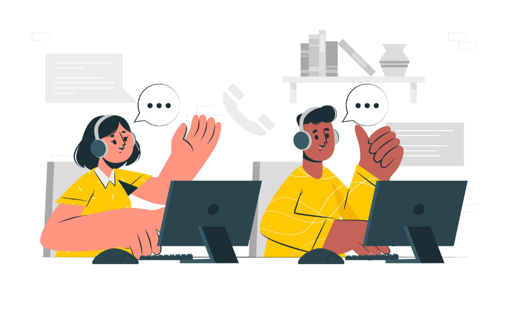 Two call center agents are seated at desks with computers, One gesturing, and another on the right giving a thumbs-up, with speech bubbles above their heads
