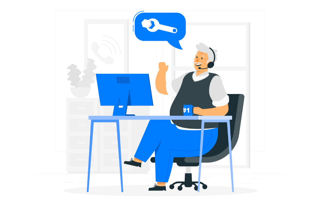 A telecaller sits on a desk gesturing a raised thumb towards a speech bubble with a wrench icon, indicating customer service