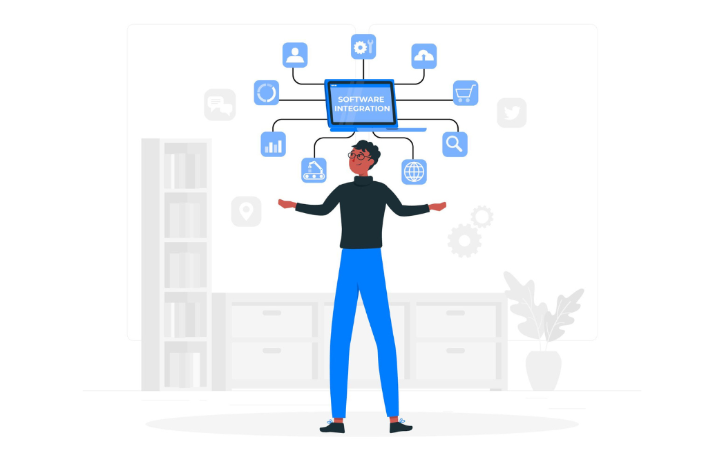 A boy stands with arms outstretched in front of a laptop connected with icons like tasks, cloud, communication, statistics, security, shopping, social media, and global