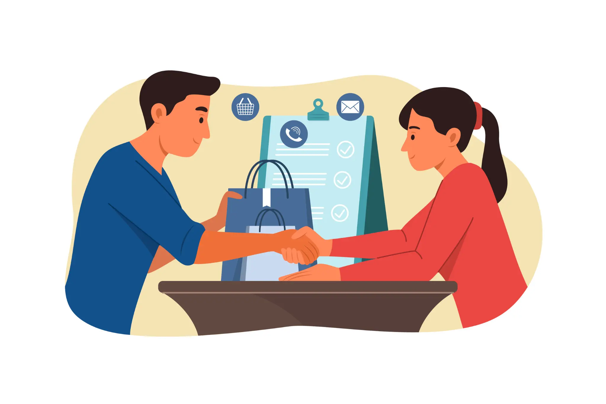 A man and a woman shaking hands across a desk with digital business icons in the background, symbolizing sales potential and customer trust