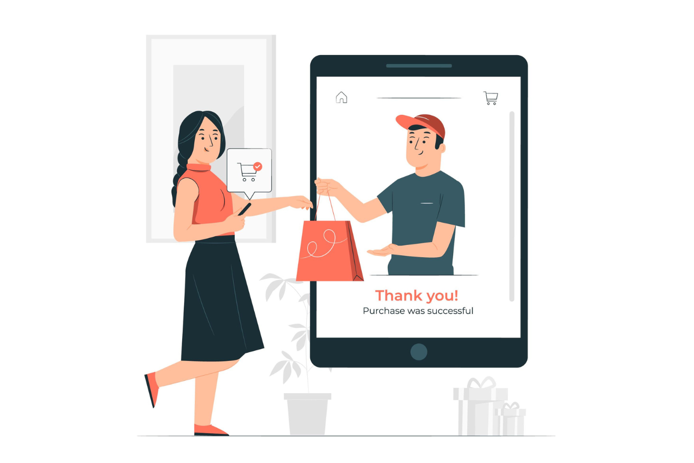 A woman receiving a shopping bag from a man on a smartphone screen, The screen displays the message: "Thank you! Purchase was successful