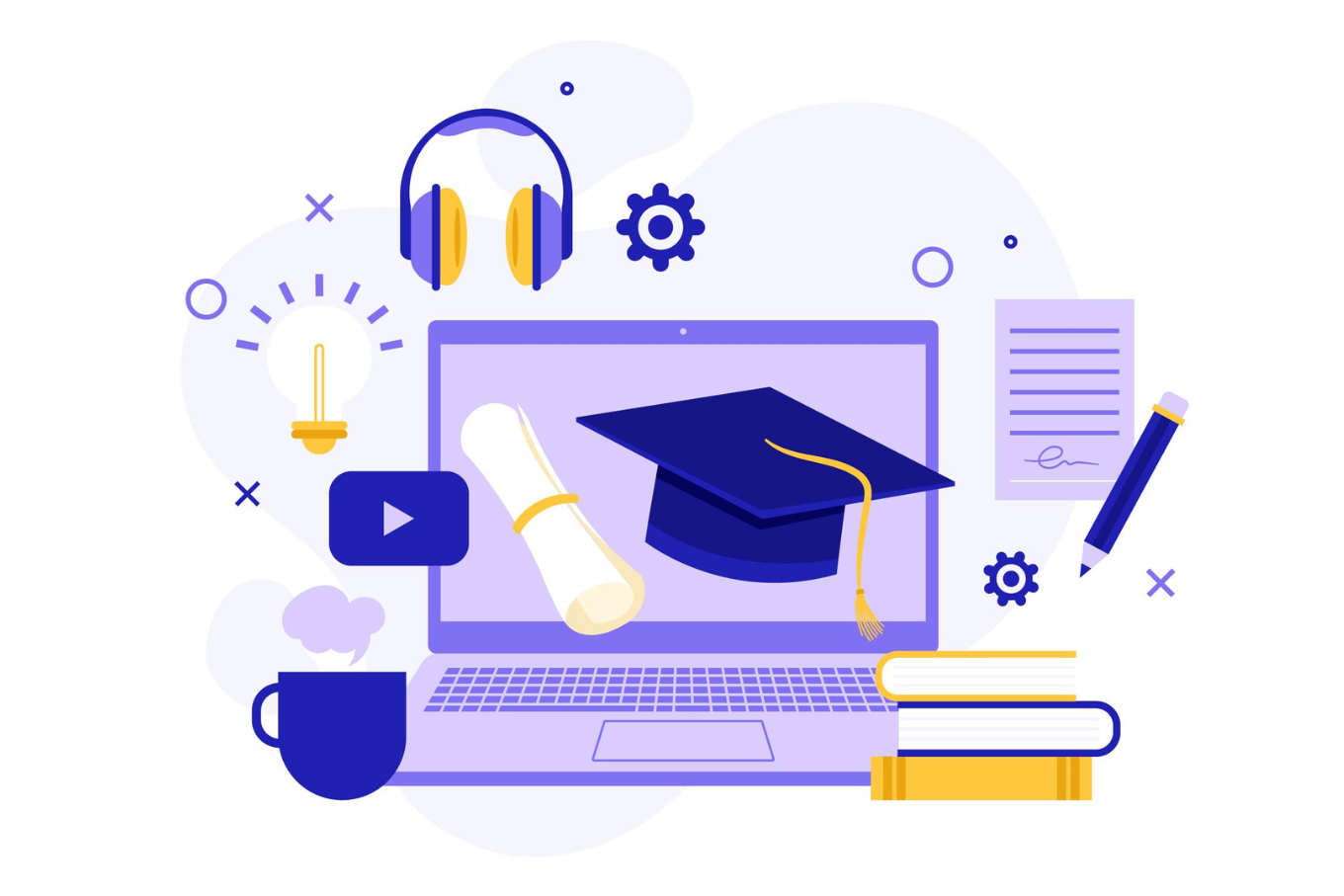 Online education symbols including a laptop displaying a graduation cap and diploma, headphones, a lightbulb, a cup, a book stack, a gear, a paper with a pen, and a video play icon
