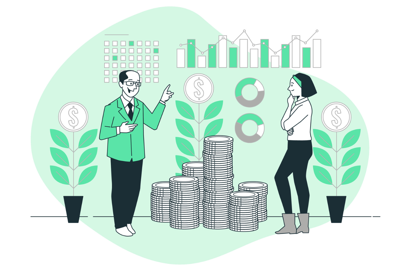 Two business people stand near stacks of coins, bar charts, and plants with dollar signs, discussing financial growth