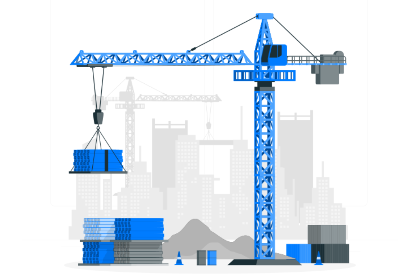 A blue construction crane lifting materials at a construction site, with buildings and construction materials in the background