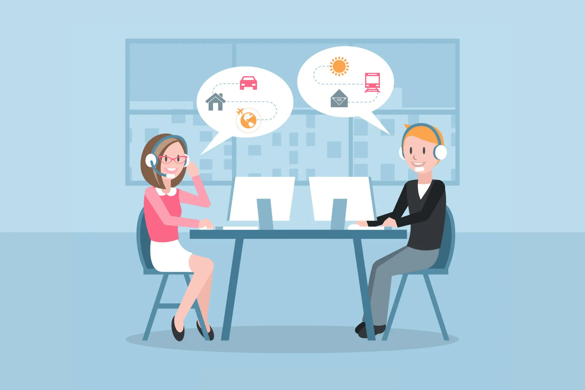 Two call center agents sit on the table wearing headphones, and a thought bubble displays above their heads. The thought bubble shows vectors of home, car, sun, train, and earth.