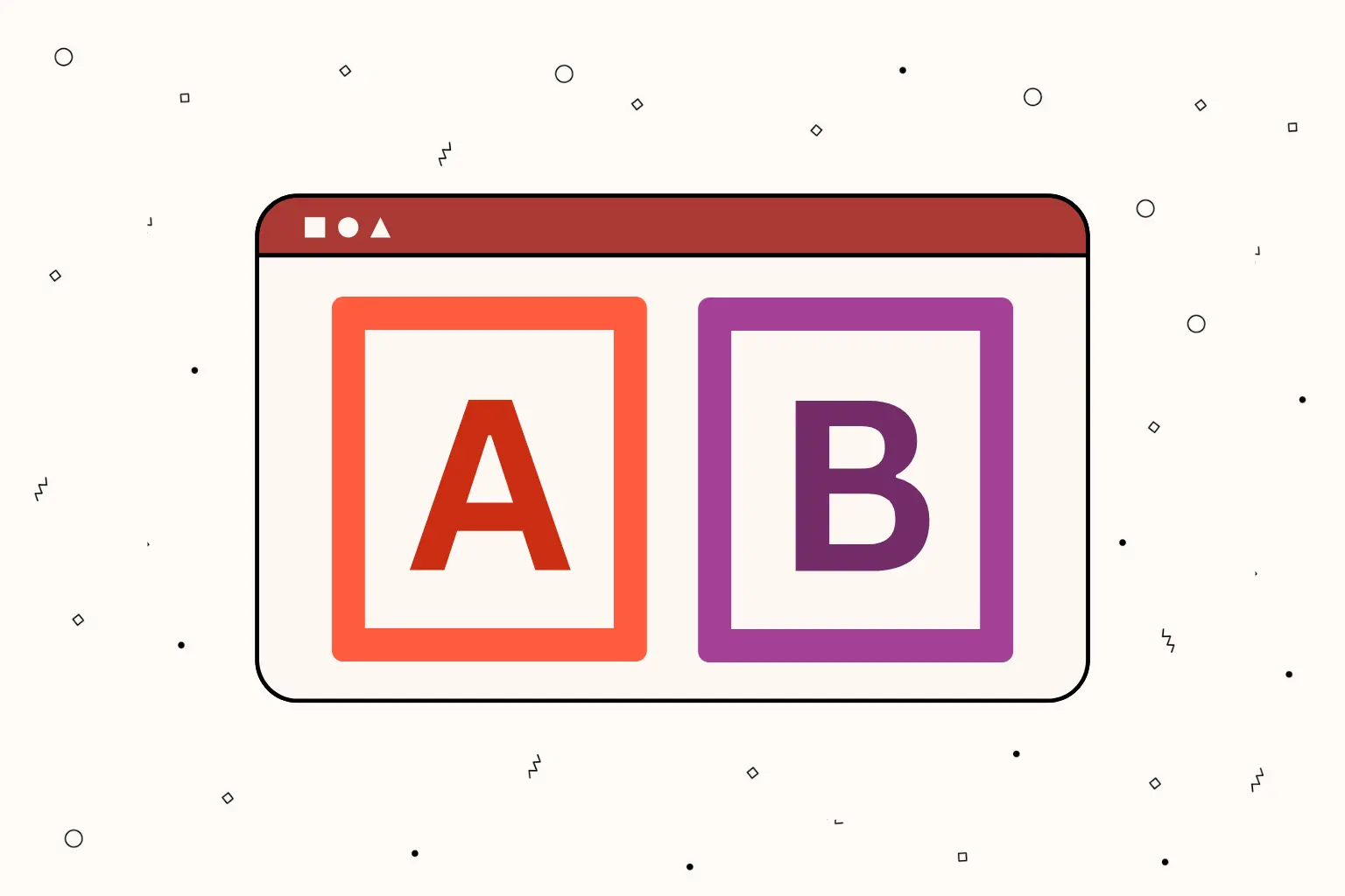 A browser window with two sections labelled "A" in an orange box and "B" in a purple box, showing A/B testing. Small abstract shapes visible in the background