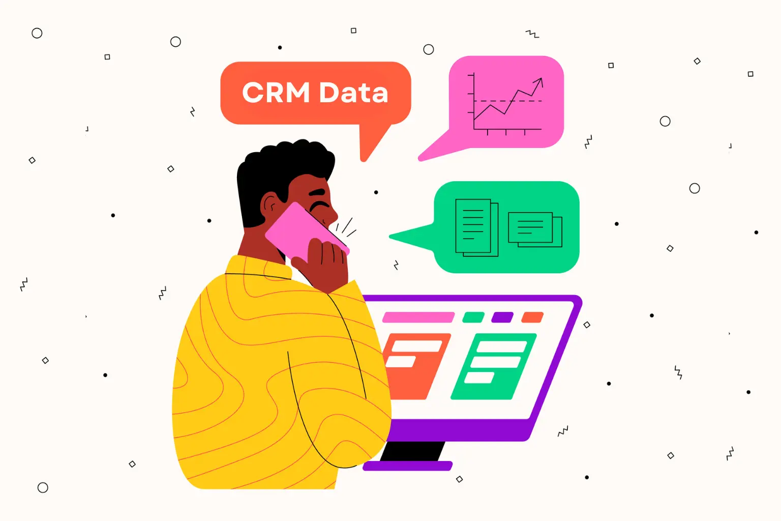 A boy talking on a phone with a speech bubble that reads "CRM Data." Above them another two bubbles containing a chart and documents. In front of the person is a computer screen displaying a call center analytics insights