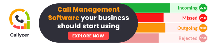 Banner for Callyzer call management software. Shows the logo on the left followed by text: "Call Management Software your business should start using. Explore Now." To the right are four color-coded bars indicating Incoming (57%), Missed (25%), Outgoing (30%), Rejected (15%)