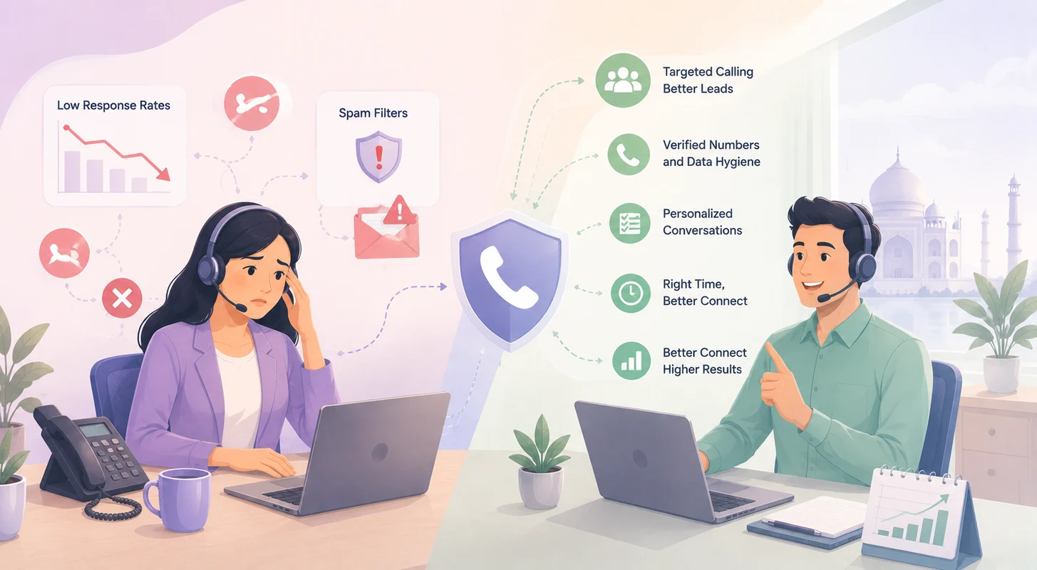 Illustration of Indian telemarketing teams overcoming low response rates and spam filters using targeted calling, verified numbers, personalized conversations, and better call timing.