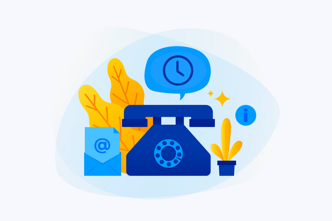 A telephone with a plant on the right side above the plant "i" icon visible on the left side an opened email envelop with "@" icon, Above the telephone a clock vector visible inside a message bubble