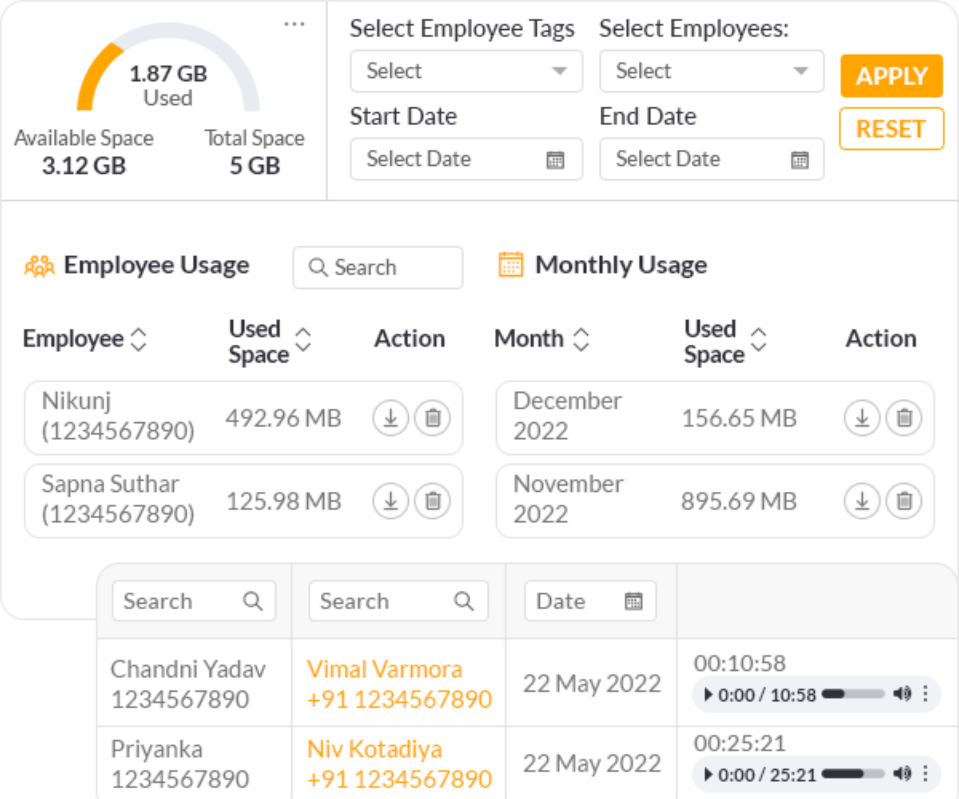 Callyzer call recording synchronisation feature dashboard