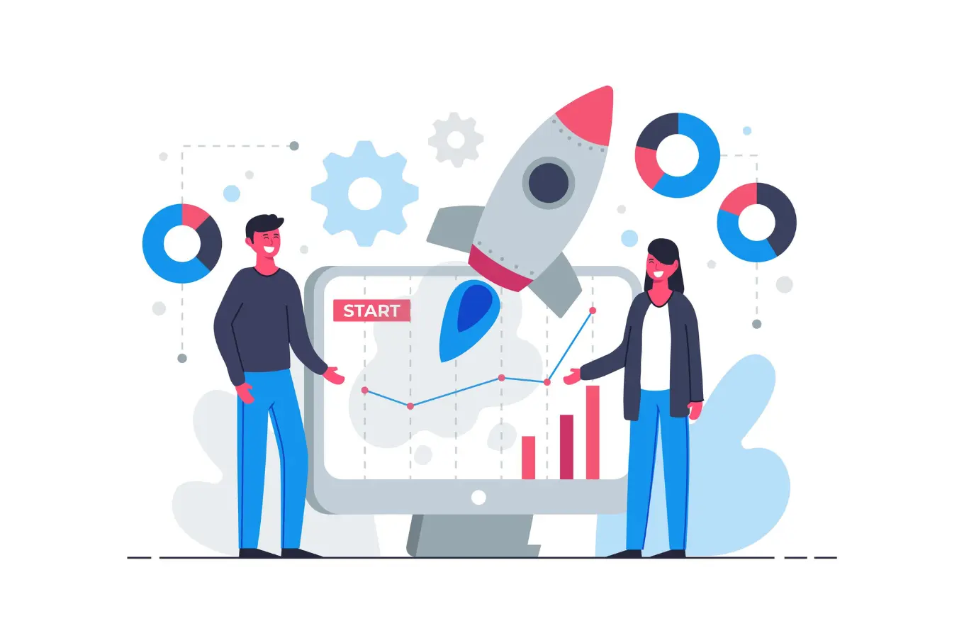 A man and a woman stand beside a large desktop showing charts and graphs. A rocket is launching from the screen. Gears and pie charts float in the background
