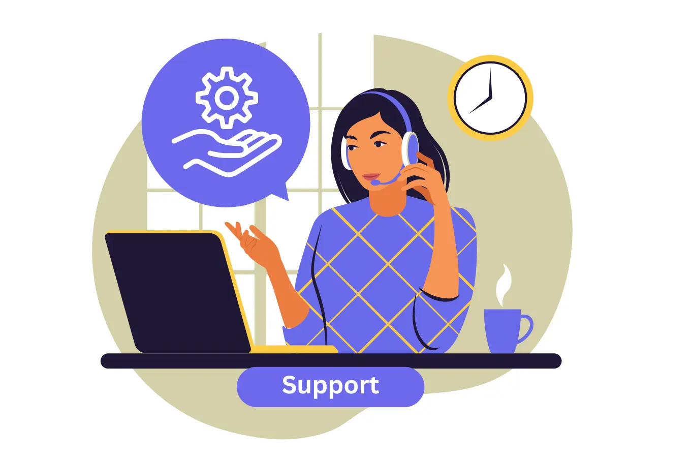 A woman with a headset and laptop talking to client. A gear icon in a speech bubble signifies technical support. A clock and coffee cup visible in background. A "Support" button is at the bottom