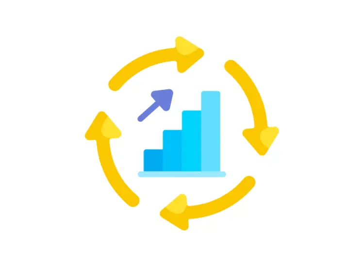 A blue bar chart with a purple arrow points upwards, Surrounding the graph are four yellow arrows in a circular loop