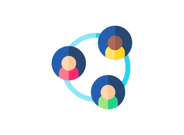 Three people represented as icons, each within a dark blue circle. They are connected by a light blue circular line