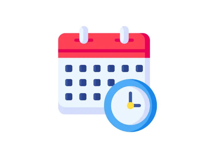 A calendar with small black squares as days. A blue clock icon with yellow hands, indicating time