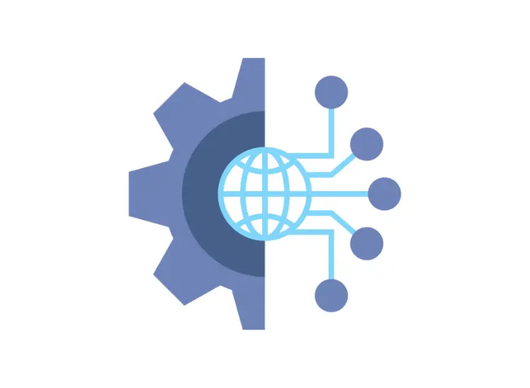 A gear (left half) and a globe connected with lines and nodes (right half), technology and connectivity