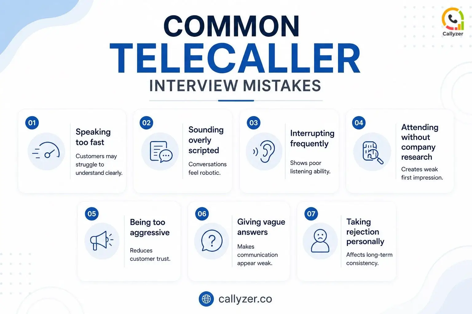Top telecalling interview mistakes list – poor listening, aggressive tone, vague answers, rejection handling