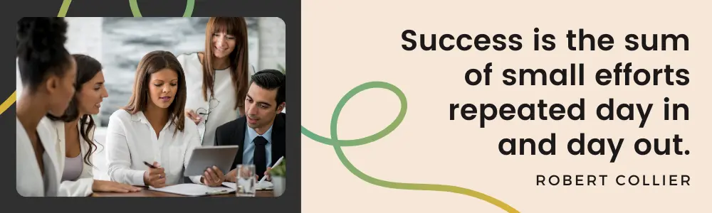 Four people in a meeting, one using a tablet. On the right quote shows: Success is the sum of small efforts repeated day in and day out - Robert Collier