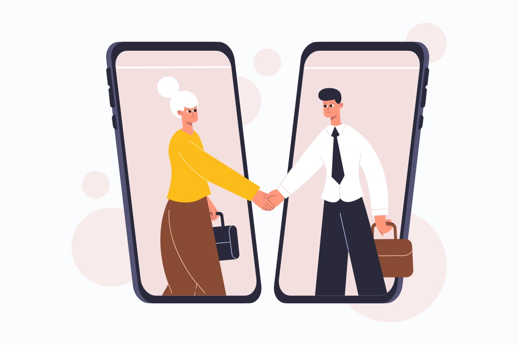 a man and woman shaking hands through smartphone screens, Both hold briefcases, symbolizing a virtual business agreement