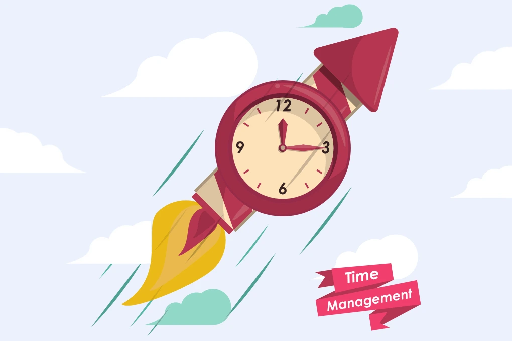 a clock on a rocket soaring through the sky with clouds, symbolizing time management, Text Time Management is on the right