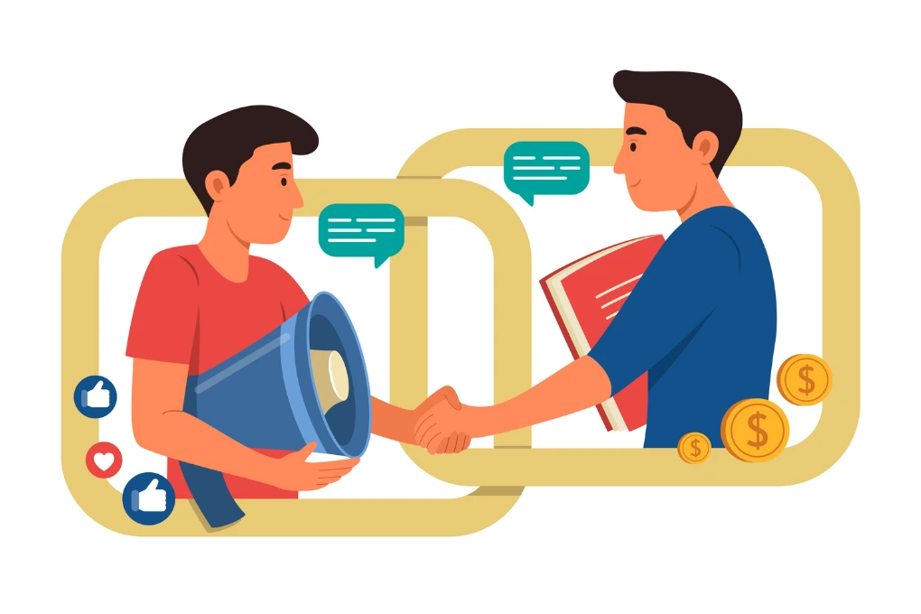 Two men shaking hands, one holding a megaphone and the other a notebook. Speech bubbles and social media icons visible with coins