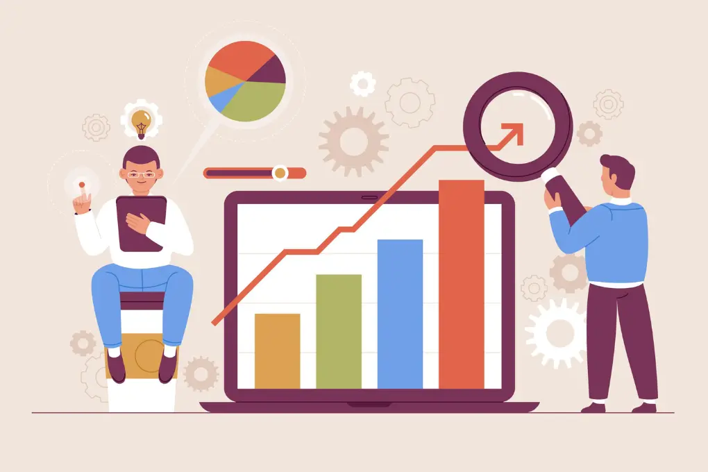 Two people analyzing data. One is sitting with a tablet, and the other is holding a magnifying glass at a graph on a laptop. Gear and pie chart icons visible