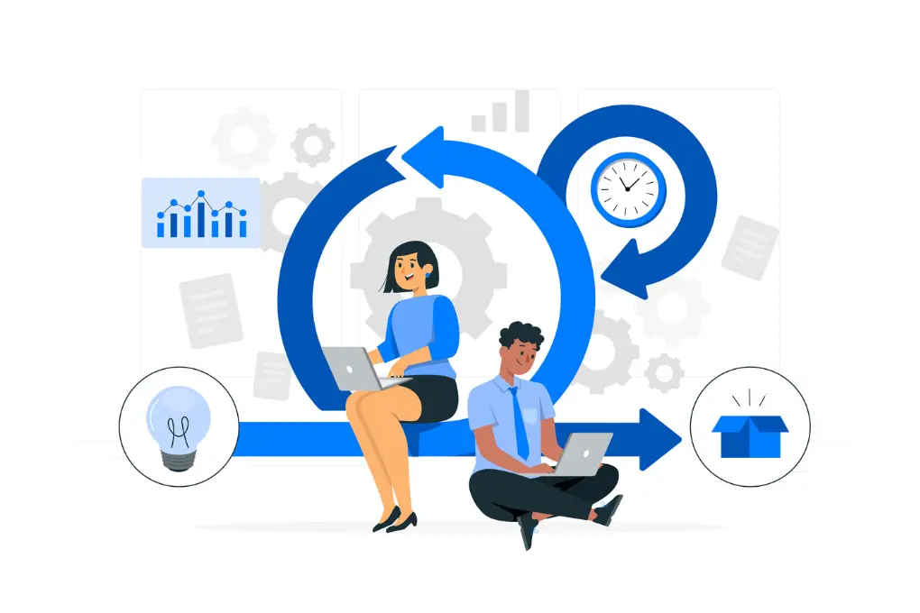 A girl & boy with laptops sit amid blue arrows forming a cycle, symbolizing sales process management. Icons: light bulb, clock, graph, box