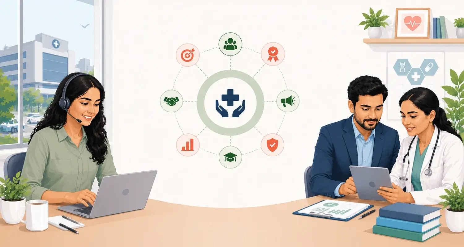 Healthcare Sales Strategy illustration showing a telecaller, healthcare professional, and business executive collaborating with healthcare marketing and sales process icons.