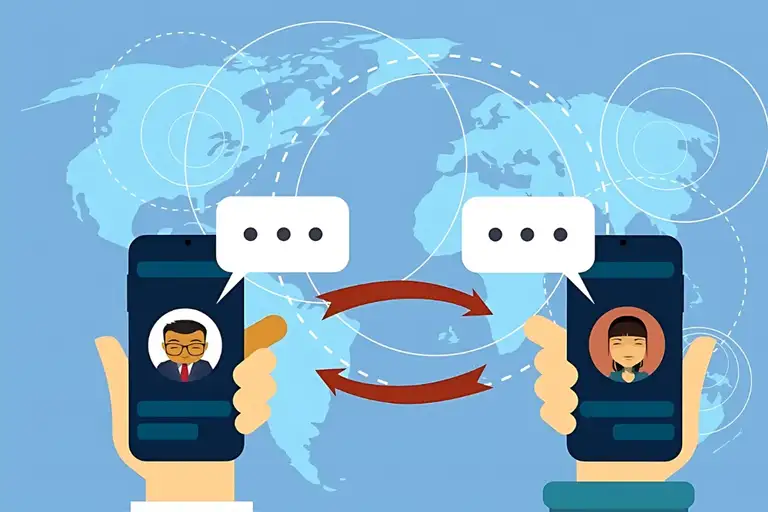 Two smartphones with a man and woman on the screens, held by hands against a world map background, with speech bubbles and arrows depicting communication – illustrating Virtual phone number app.