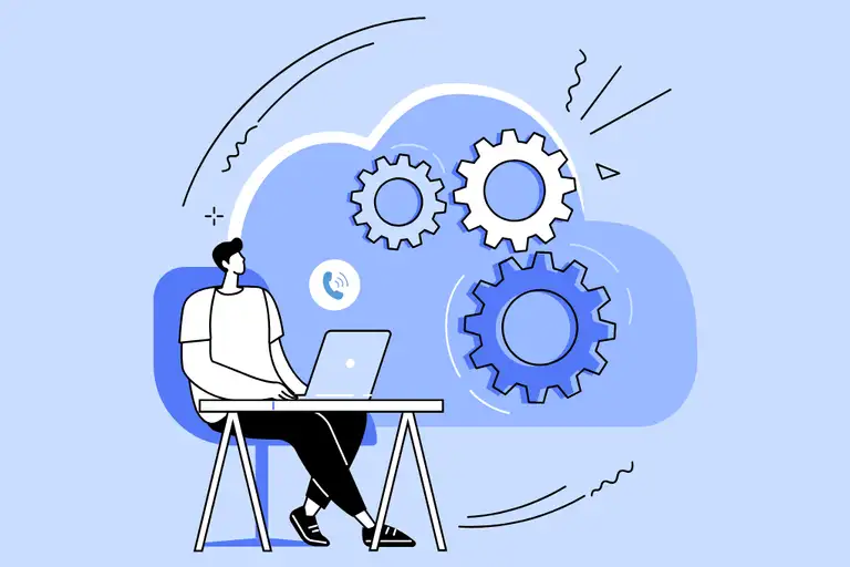 A person sitting at a table with a laptop beside a large cloud icon containing three gears. The background is a light blue