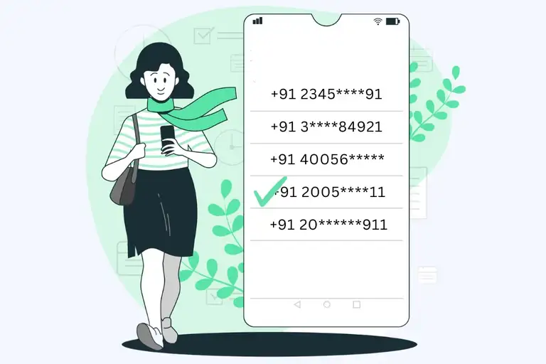 a woman walking while looking at her phone. a smartphone screen displays a list of phone numbers, with one number highlighted and a green checkmark next to it