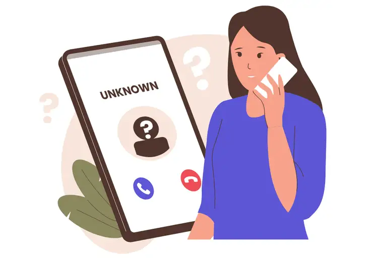 a woman holding a phone, looking at a large smartphone screen displaying an incoming call from Unknown with question marks around