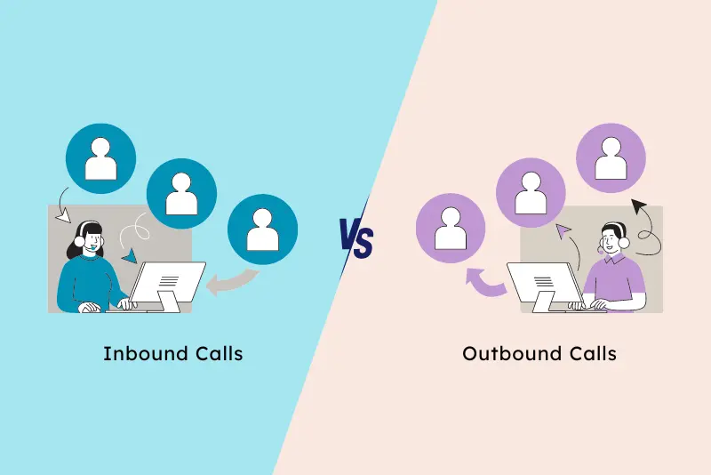 On left, a girl at a computer receives calls, signified with arrows and icons. On right, a man at a computer makes calls, also shown with arrows and icons. "VS" is in the center