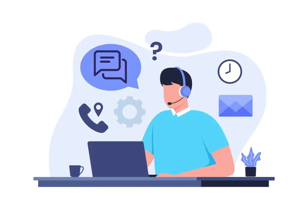 a man with a headset, working with a laptop. Icons of phone, chat bubble, clock, envelope, gear, highlight online communication & call tracking.