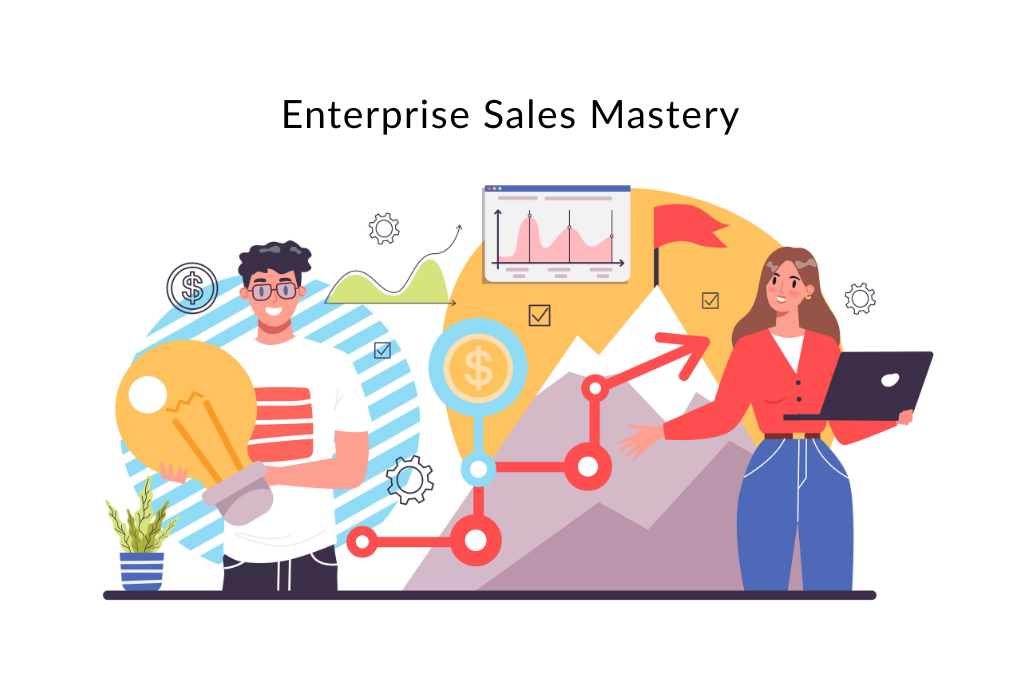 Two people stand in front of growth charts, graphs, and dollar signs. One holds a large lightbulb, and the other holds laptop. Text reads Enterprise Sales Mastery