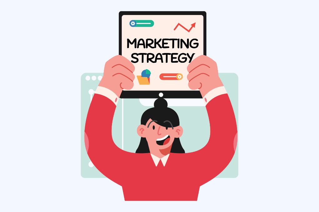 a girl in a red shirt holding up a sign that says Marketing Strategy with icons of a chart, gear, cupcake, and progress bars above the text.