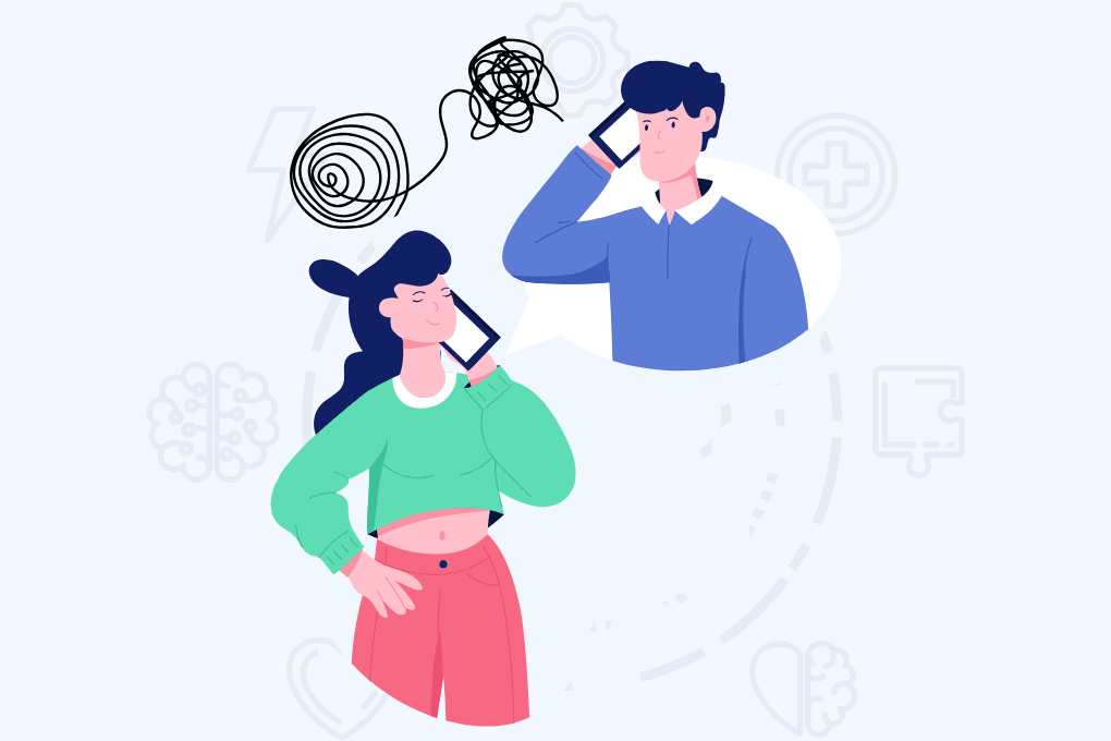 a woman and a man talking on phones. The woman with a squiggly line above her head, while the man appears calm, suggesting a stressful or confused conversation