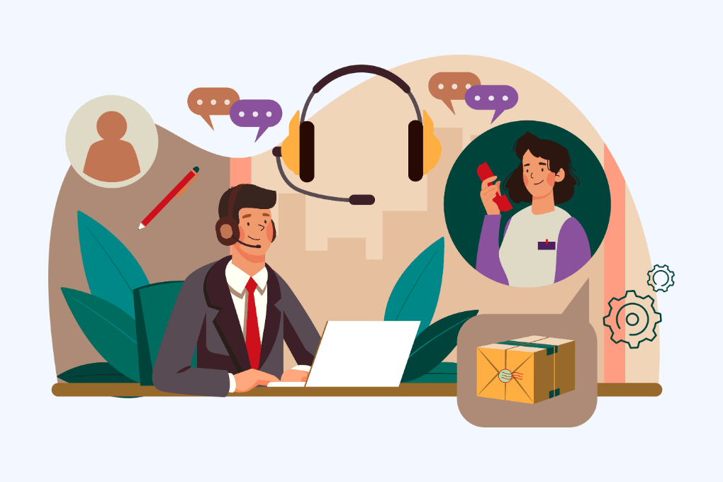 a customer service expert wearing a headset and working on a laptop, with speech bubbles, a customer on the phone, a package, and support icons in the background