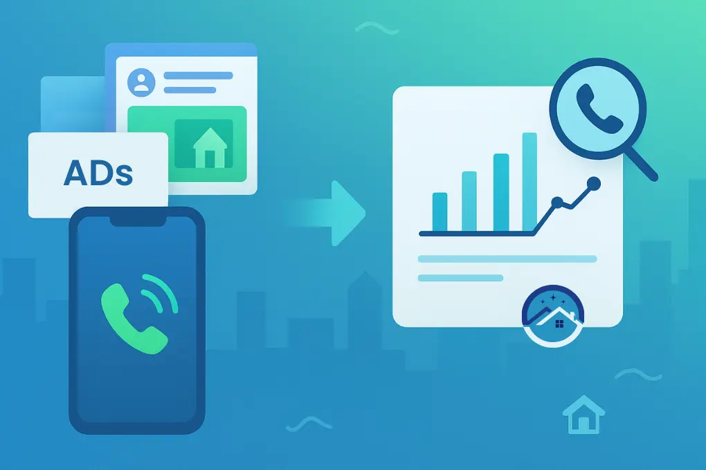 Showing phone, call icon with ADs label, social media posts with house icon, and arrow pointing to rising bar chart with phone, house symbol