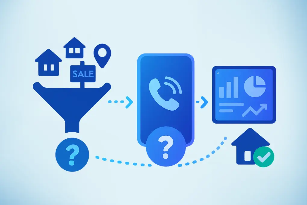 Infographic showing real estate call tracking funnel and building icon, symbolizing property lead analysis with light blue gradient background
