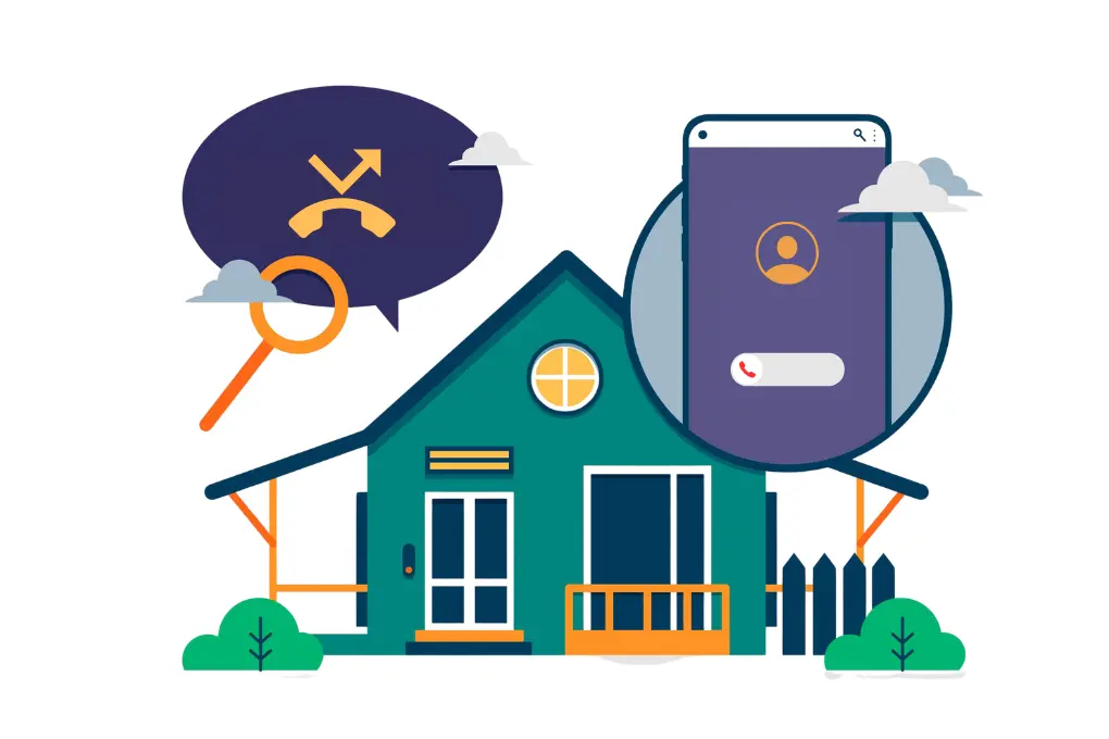 Illustration of a house with a magnifying glass, missed call icon, and phone screen representing real estate leads, call tracking, and follow-up