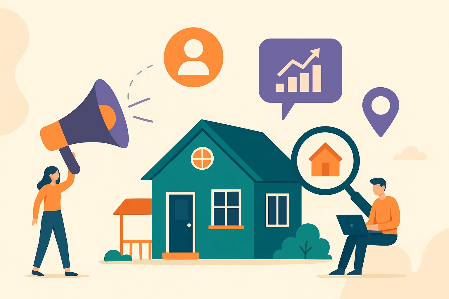 Illustration of real estate marketing with a house, megaphone, user profile, analytics, and location icons, showing strategies to boost property search and enquiries