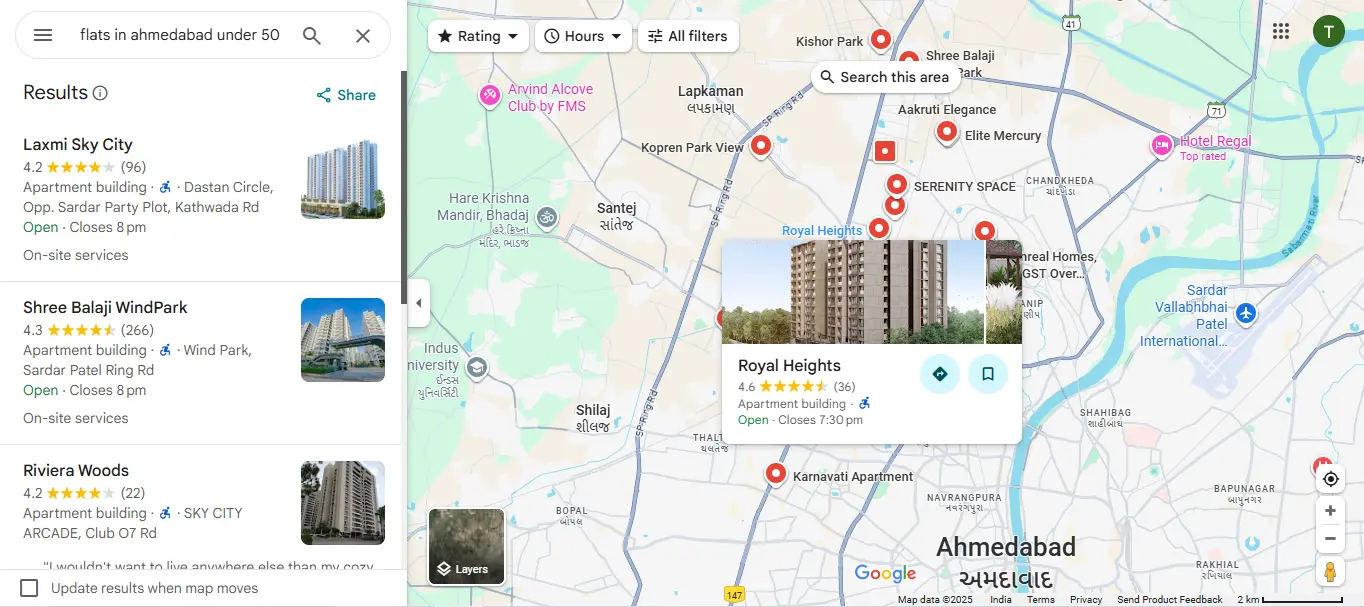 Google Maps view showing affordable apartment options in Ahmedabad under ₹50 lakhs, including Royal Heights, Laxmi Sky City, Shree Balaji WindPark, and Riviera Woods