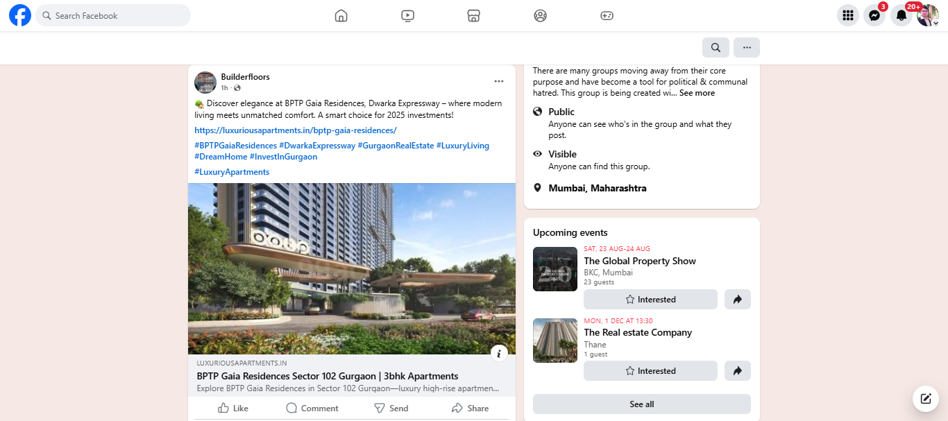 Facebook post by Builderfloors promoting BPTP Gaia Residences in Sector 102, Gurgaon with luxury apartments for modern living and smart 2025 investments