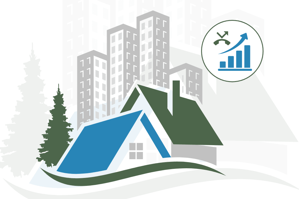 House and buildings with growth chart icon, symbolizing missed calls in property sales and rising success in real estate